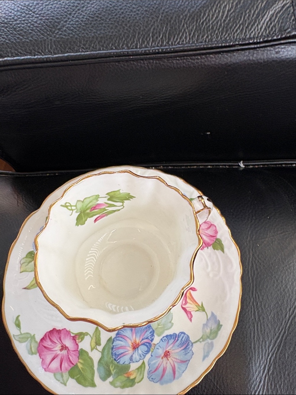 Vintage Floral Porcelain Teacup and Saucer Set with Gold Trim Morning Glory - Picture 7 of 8